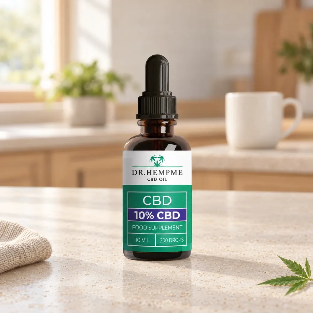10% CBD oil 1000mg bottle on a kitchen counter