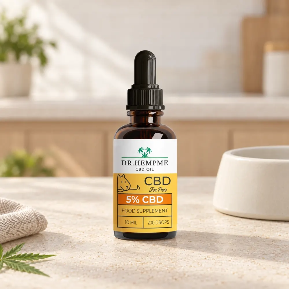 5% CBD oil for dogs and cats beside a dog bowl