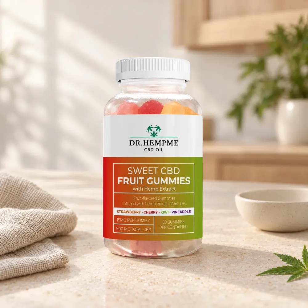 Tub of CBD gummies, 15mg each, with a bowl